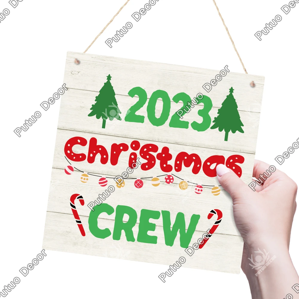 Putuo Decor-Christmas crew wooden hanging sign, wall decoration, Christmas tree decor, New Year party, 7.8x 7.8 inches