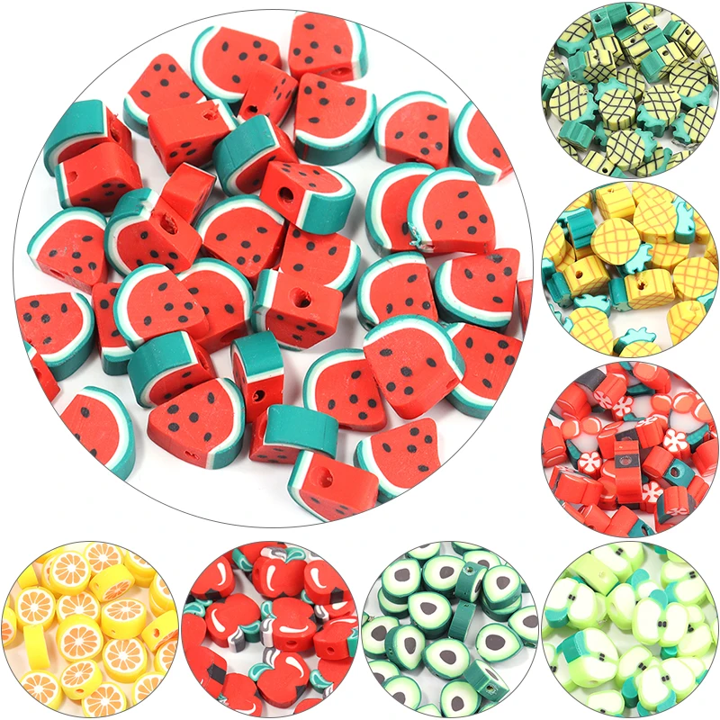 50 Stück Obst-Ton-Perlen, Polymer-Ton, Zitrone, Kirsche, Apfel, Erdbeere, Abstandsperlen für Schmuckherstellung, Armband, Halskette, Zubehör