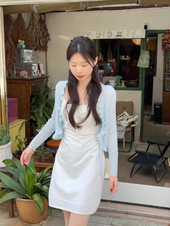 

Sweet Two-Piece Set Women's Ele Lace Trim Cardigan Overlap Wear Autumn Strap Dr Casual Sle Long Sve V-Ne Summer