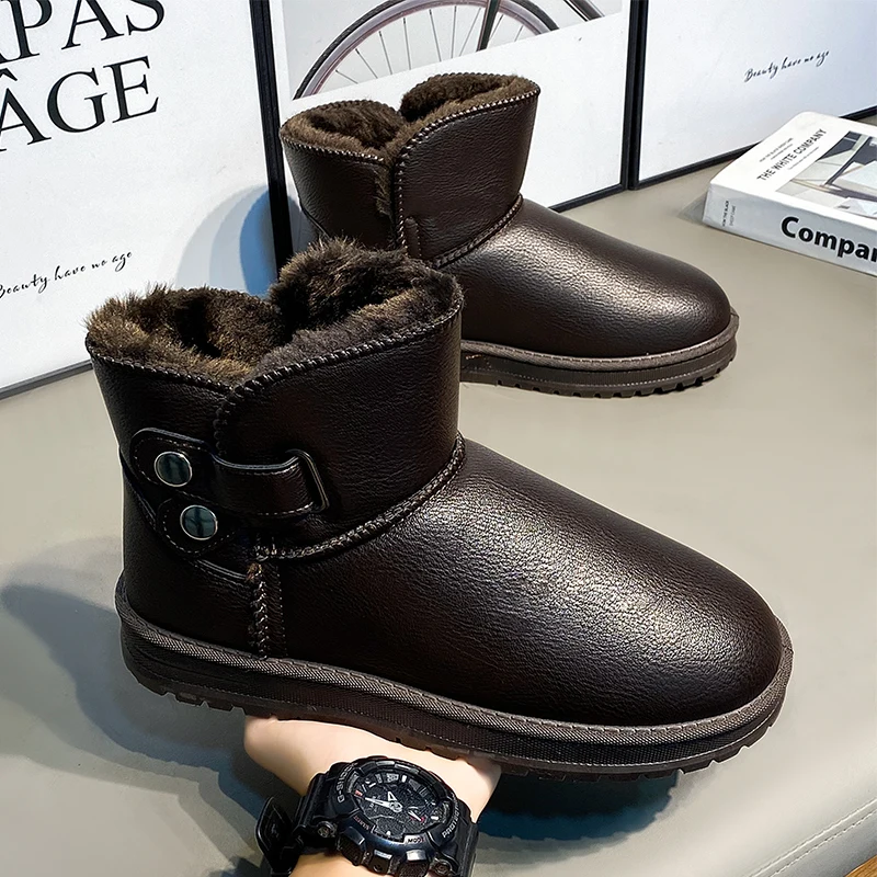 Men's Winter Thermal Snow Boots Leather Upper Anti-Slip Warm Fleece Lined Ankle Boots Outdoor Cotton Trekking Shoes Cold Weather