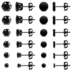 1 Pair Stainless Steel Black Round Cubic Zirconia Flat Stud Earrings Set Punk Piercing Jewelry for Men Women 3-8mm