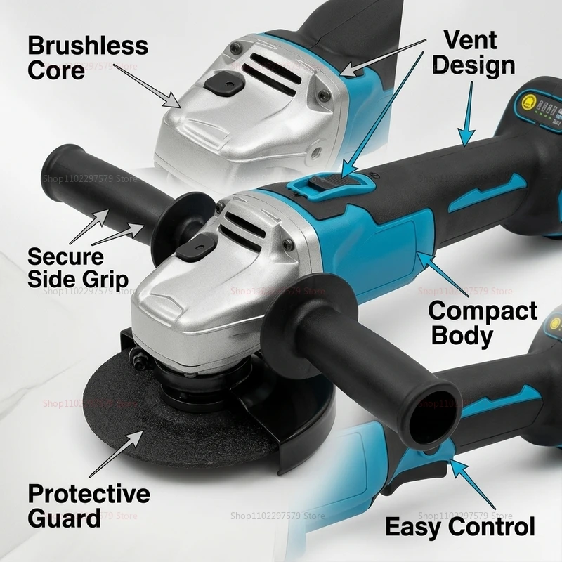 Electric Brushless Angle Grinder Wireless Polishing Power Tool, Suitable for Cutting and Polishing Metals, Stones and Woods