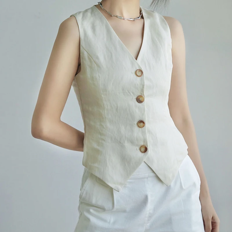 

Women's Fashion Solid Vest Top Vintage V Neck Button Slim Casual Vests Summer Cotton Linen Woman Streetwear Chic Tops Outerwear