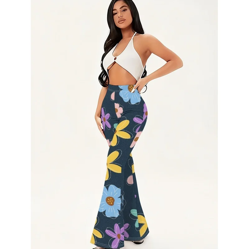 Floral print flared pants, suitable for daily casual wear of teenagers aged 7 to 16.