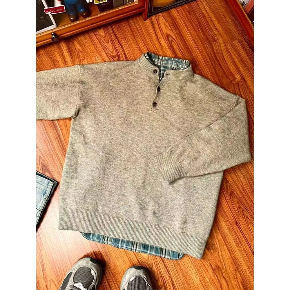 

Американский винтажный мужской вязаный свитер с воротником Генри, длинный све, базовый слой, повседневный зимний теплый полиэфирное волокно