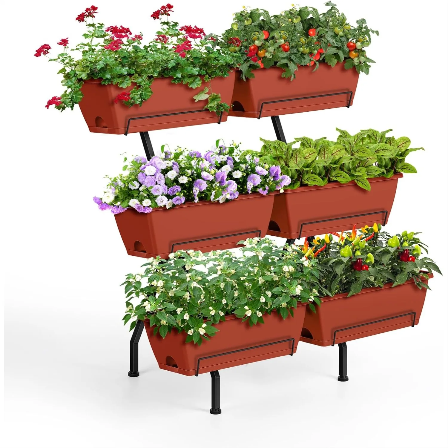 Jardinera vertical elevada con patas, soporte de 6 niveles para verduras y hierbas, marco triangular resistente, rojo