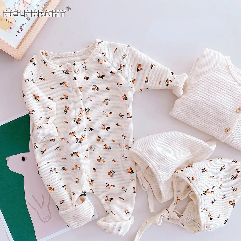 

Autumn New In Newborn Baby Boys Girls Full Sleeve Floral Single-breasted One-piece Infant Homewear Kids Romper+hat 0-24M