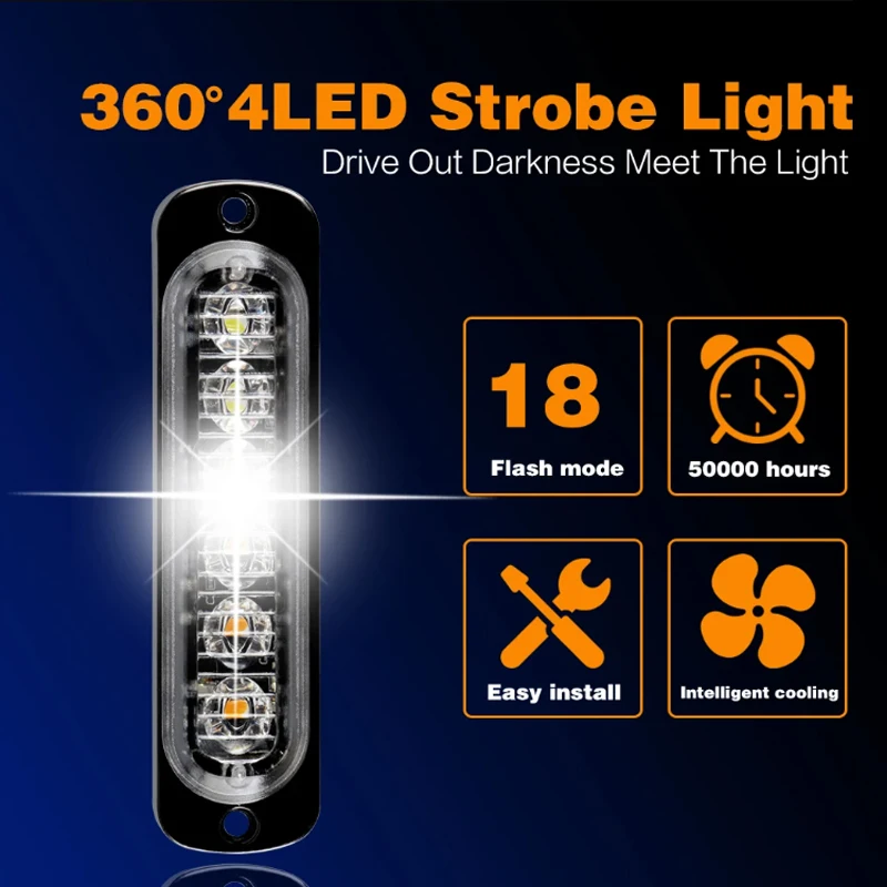 4LED Car Strobe Warning Light Grill Flashing Breakdown Emergency Light for 12V Truck Trailer Police Beacon Lamp Signal Taillight