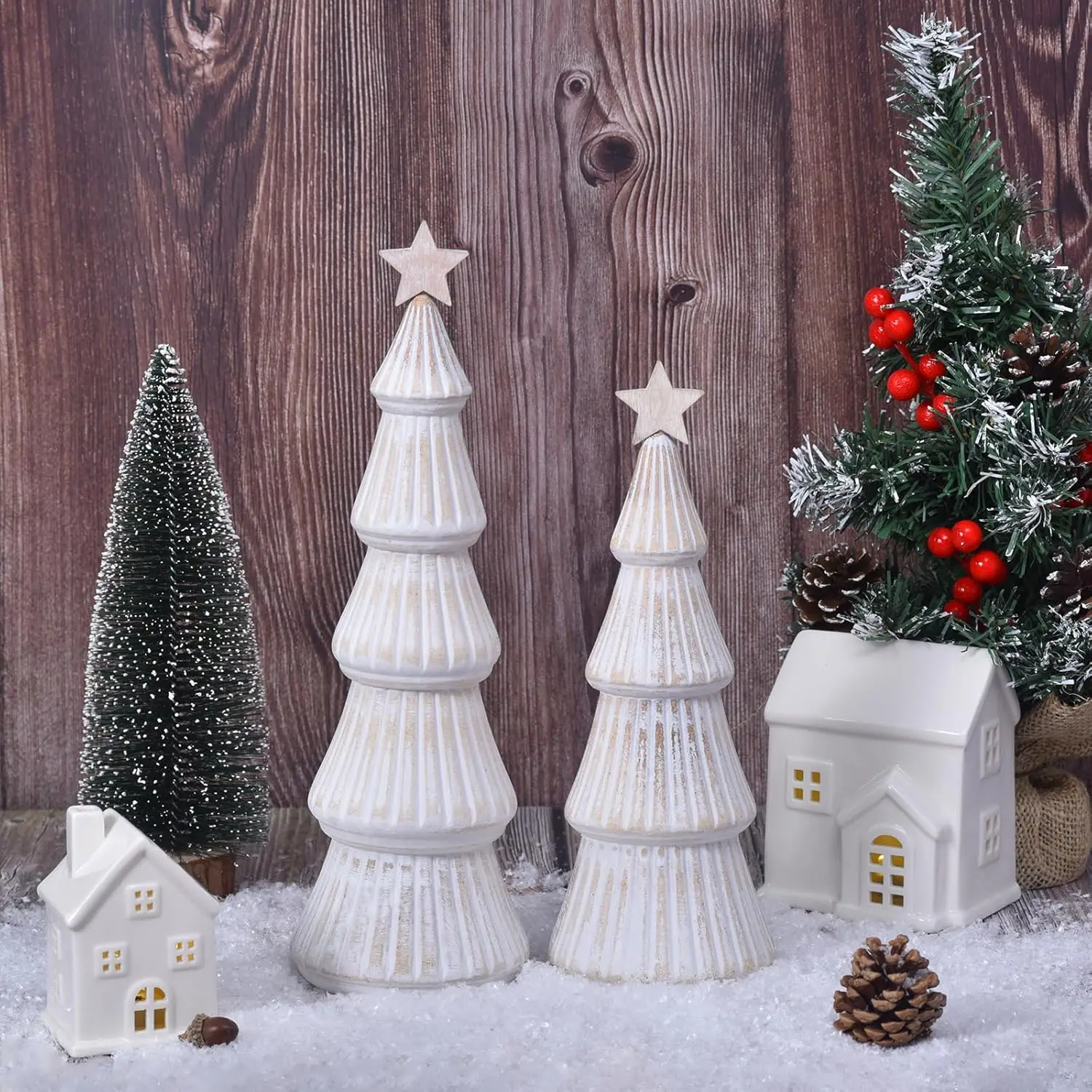 

2Pcs Distressed White Wooden Christmas Trees with Removable Star, Rustic Xmas Centerpieces for Tables, Farmhouse Decor Indoor