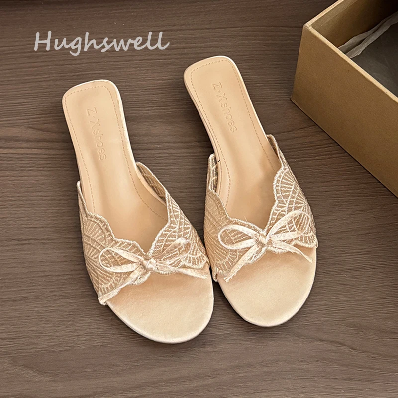 Luxury Champagne Gold Lace Crochet Mule Slide Woman  Elegant Brand Design Round Toe Low Heel Satin Silk Evening Party Dress Shoe