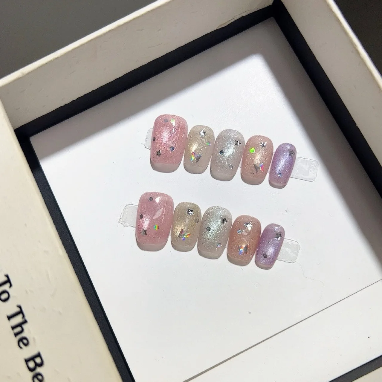 

10PCS Colorful Short Square False Nail Tips Rainbow Cat Eye with Star Diamonds Handmade Glossy Press on Nail Full Cover Wearable