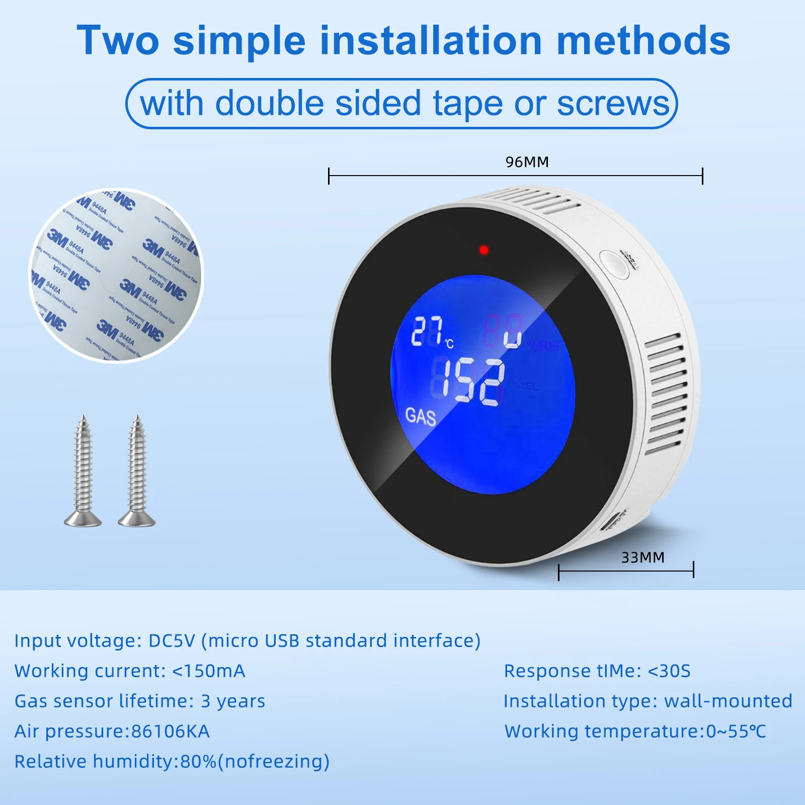 Rilevatore di gas domestico wireless intelligente TuyaWiFi con display a LED Allarme perdite di gas
