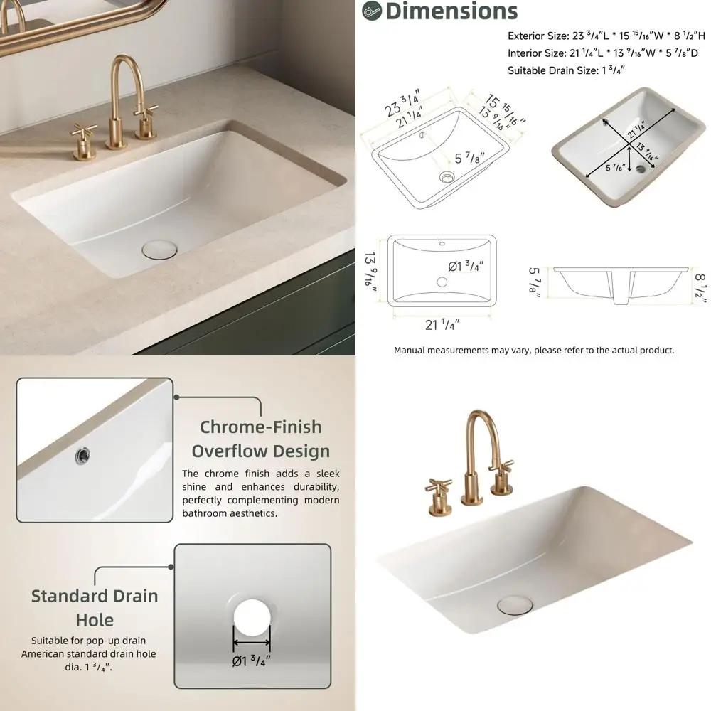 

24 Undermount Bathroom Sink with Overflow, 24 x 16 Glossy White Vitreous China Counter Basin