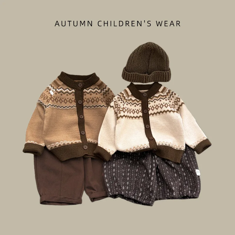 Children's autumn and winter Nordic style knitted cardigan, male baby's Fair Island jacquard sweater, baby's trendy outerwear