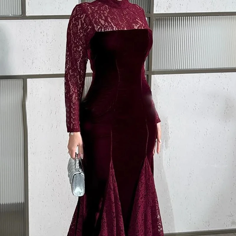 

Lace Patchwork Women's Robe Dress New Spring Ladies O-neck Long Sleeved Party Dress Elegant Temperament Slim Wrap Hip Dresses