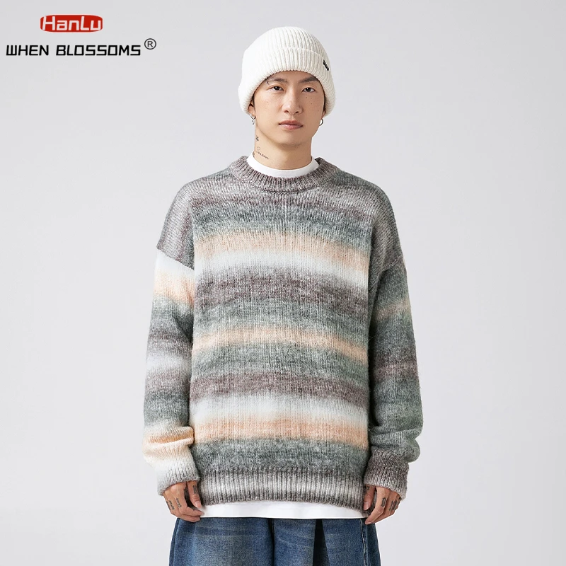 Mens/Womens Autumn Winter Warm Sweater Harajuku Gradient Striped Jumpers Oversized Pullover Knitwear Tops Fashion Couple Coats