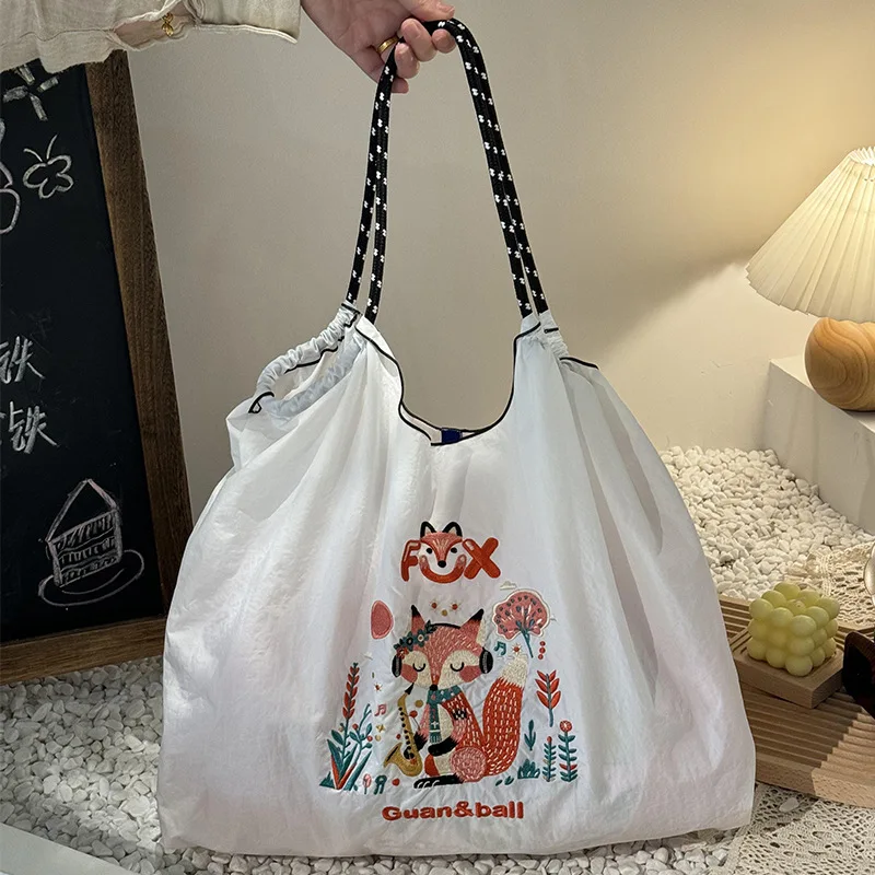 Kawaii Ball Chain Fox Canvas Bag Cartoon Animal Series Girls' Foldable Large Capacity Oxford Shoulder Embroidered Nylon Bag