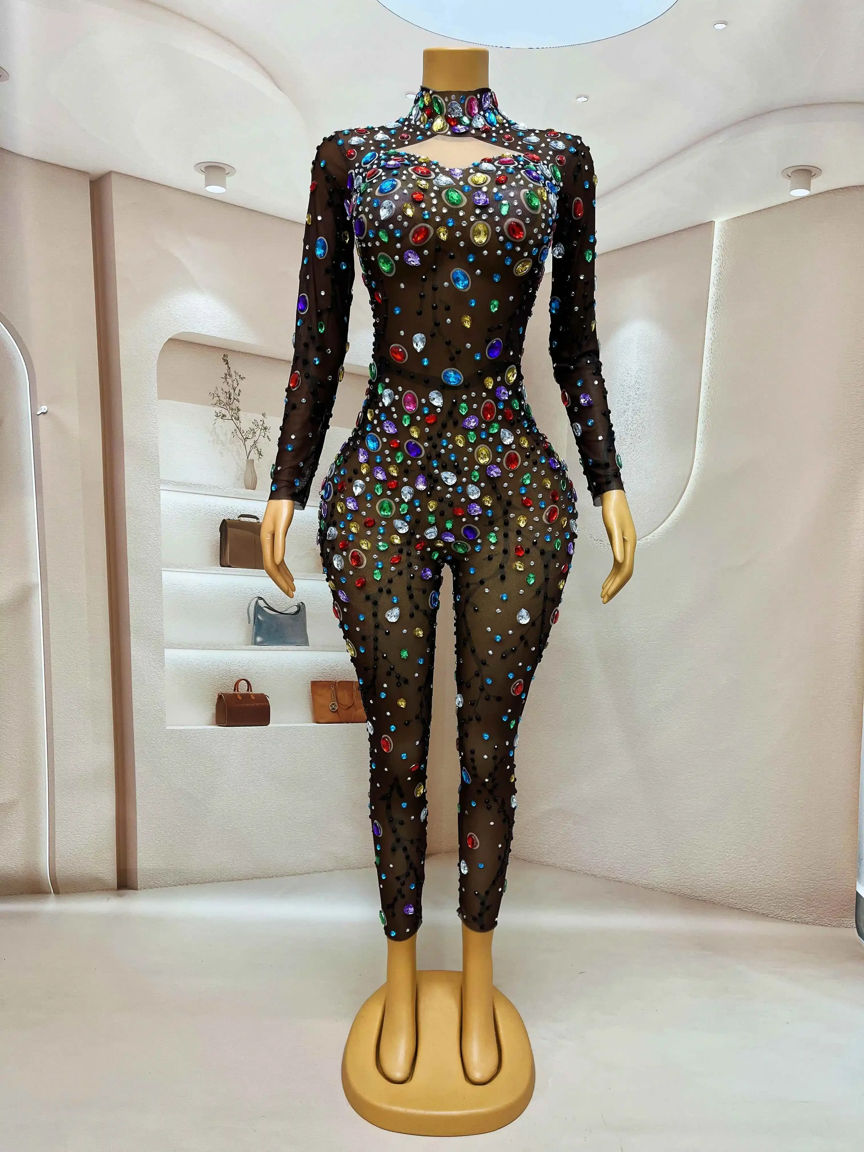 Colorful Big Rhinestones Brown Mesh Bodysuit Evening Birthday Celebrate Sexy Jumpsuit Outfit Dance Performance Costume heiman