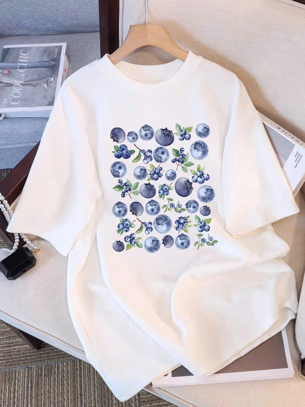 2026 Summer T-Shirts Womens Fresh Blueberry Fruits Printing Tops O-Neck Shirt Holiday Casual Harajuku Sleeve Aesthetic Clothes
