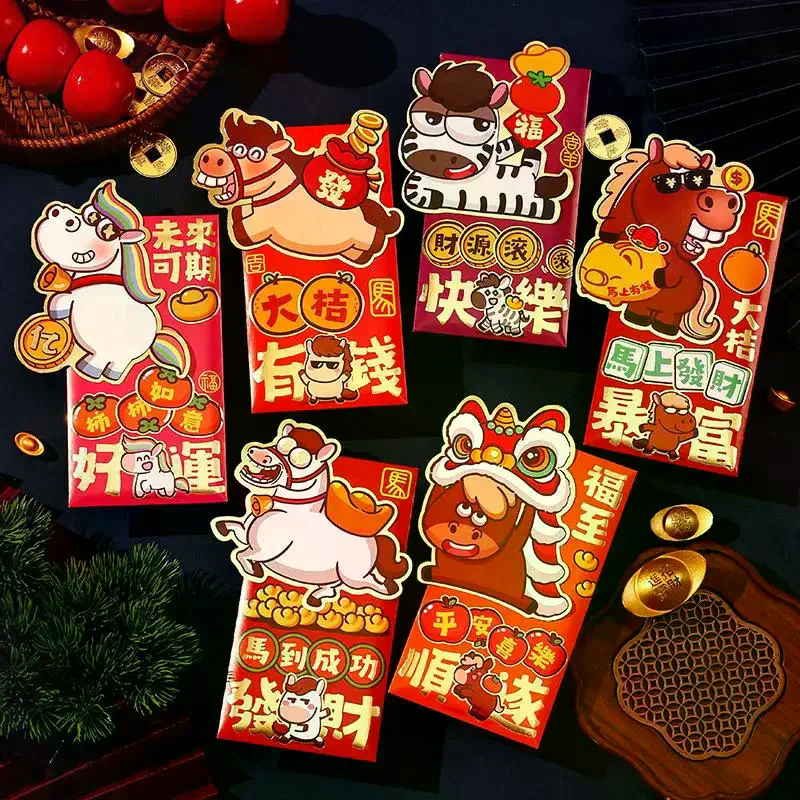 6Pcs 2026 Spring Festival Red Envelope Cartoon Horse Year Red Pouch Chinese Traditional Lucky Red Packets For New Year Greetings
