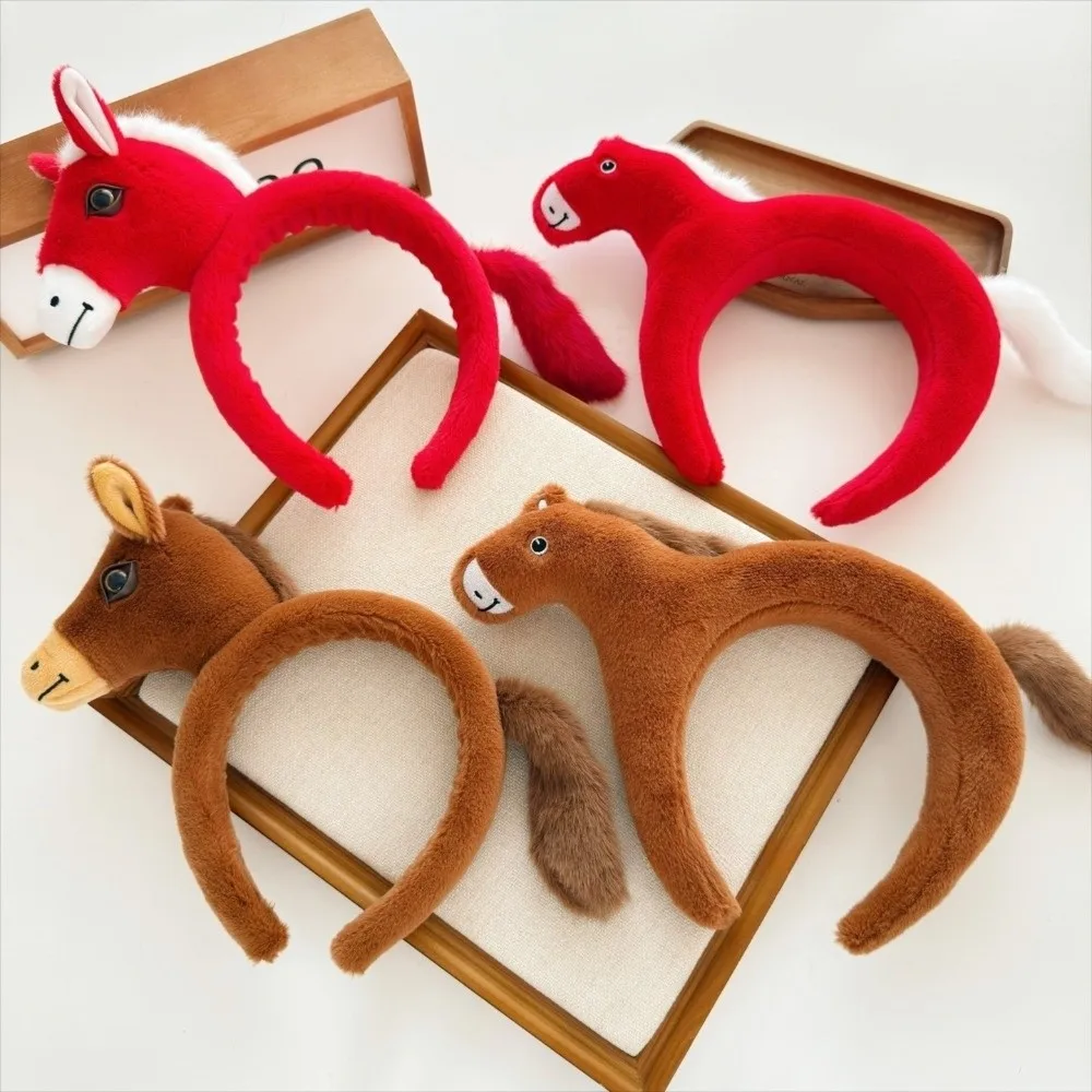 

Chinese Style Sweet Mascot Plush Headband Soft Plush Horse Hair Hoop Cartoon New Year Pony Doll Headpiece Fashion