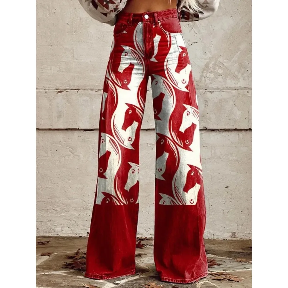 Damen Y2K Retro Print High Waist Wide Leg Pants Hip Hop Punk Streetwear Ästhetische Lässige Weite Hosen mit Taschen XXS-3XL – Detail 4