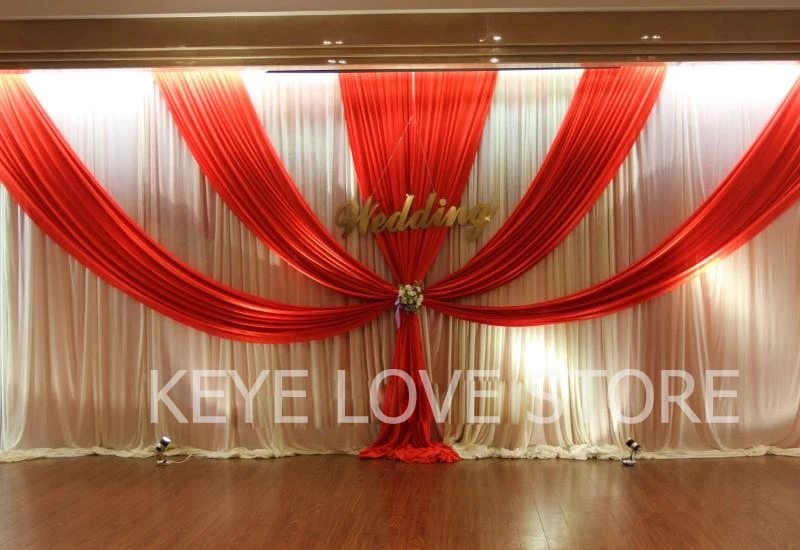 

10x20ft Luxury White Ice Silk Wedding Backdrop With Red Swags Event Party Banquet Backdrop Drapes Curtain Hotel Stage Background