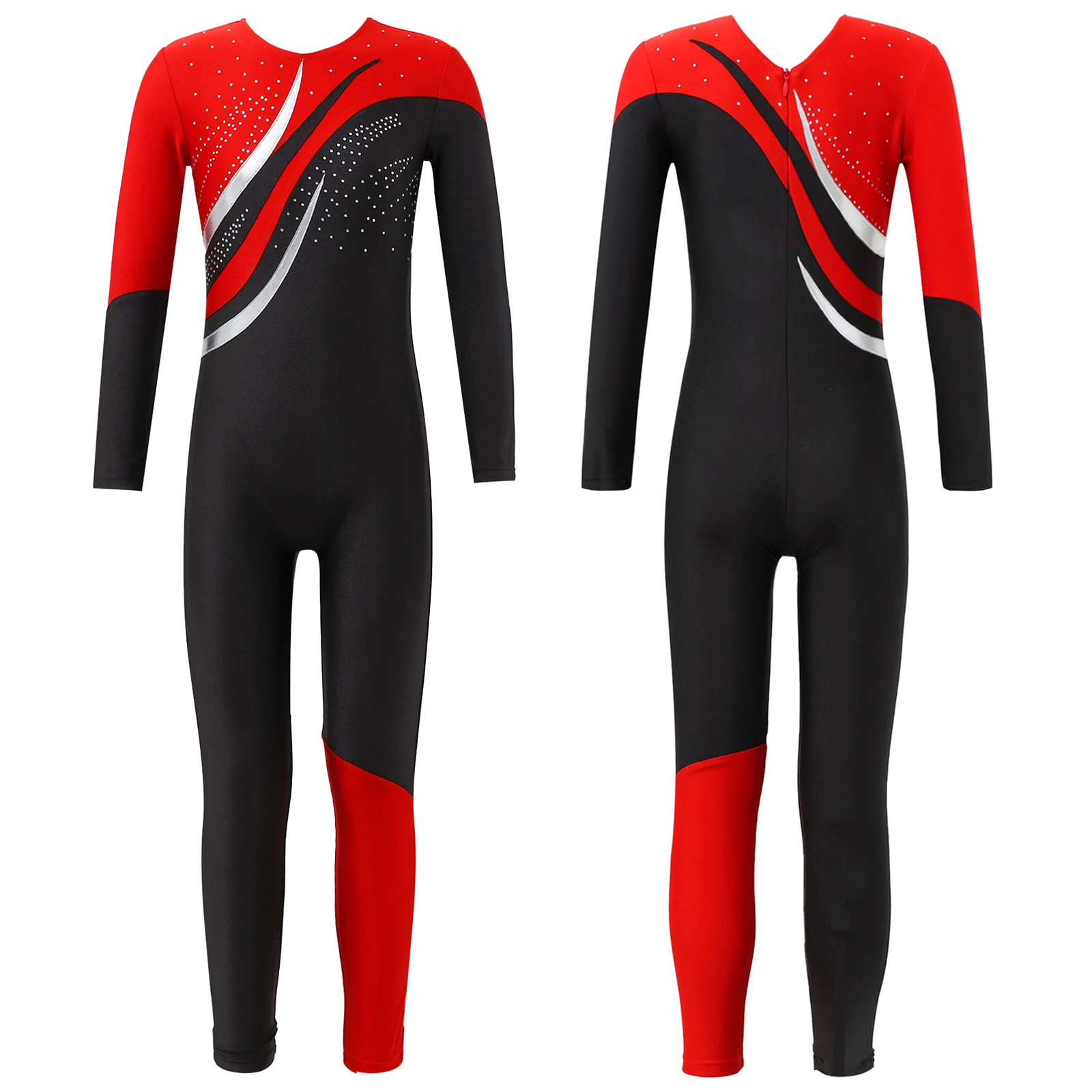 Kids Girls Gymnastic Figure Skating Jumpsuit Ballet Dance Leotard Long Sleeve Shiny Rhinestone Decor Contrast Color Dancewear