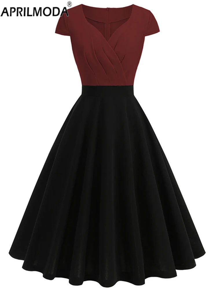 Patchwork Solid Vintage Summer Casual Dress 1950s Elegant Black Red Pink Birthday Dresses for Women Short Prom Evening Gowns 60s