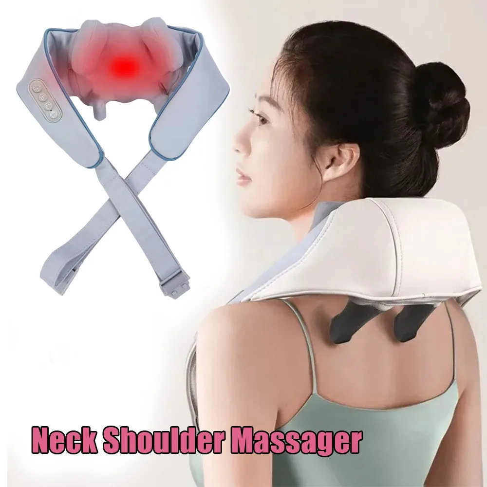 New Portable Mini Heated Electric Neck Shoulder Massager Shiatsu Kneading Relief Muscle Pain Relaxation Home Office Travel Use