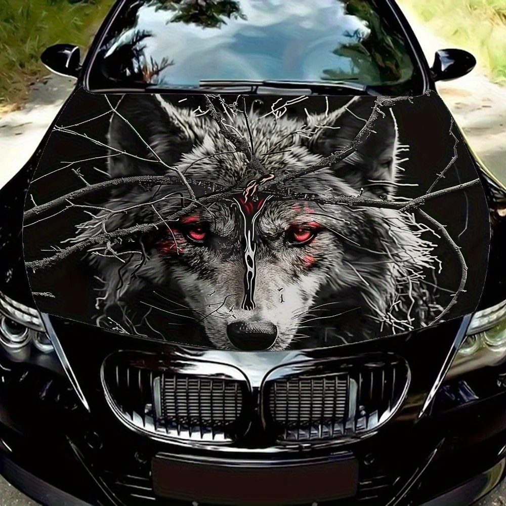 

Dark Style White Wolf With Red Eyes Vinyl Car Hood Wrap - Durable, Waterproof, And UV-Resistant PVC Sticker For Trucks, SUVs, An