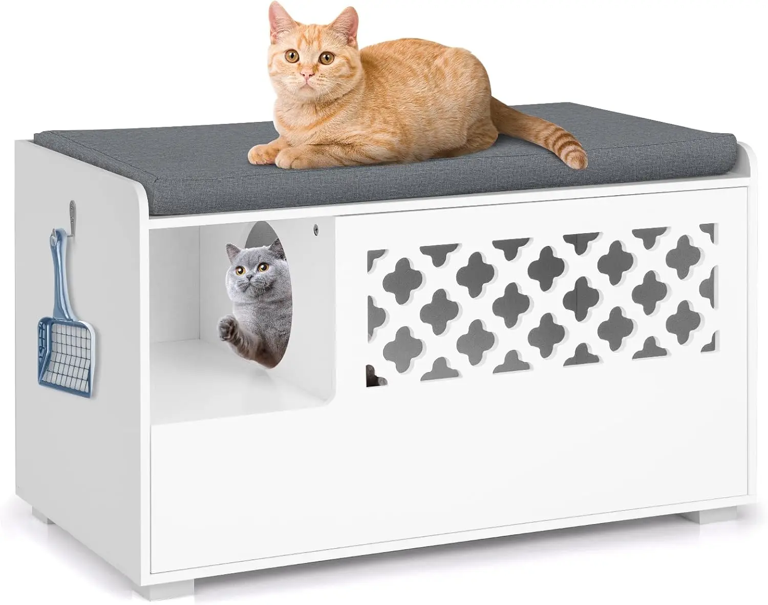 

Cat Litter Box Enclosure, Hidden Litter Box with Removable Cushion & Flip-Down Opening, Multifunctional Storage Cabinet Bench