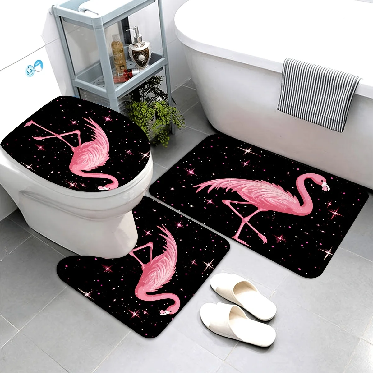 

Набор из 3 предметов Happy Spring Festival Starlight Flamingo Противоскользящий коврик для ванной комнаты Ковер для унитаза U-образный коврик Сиденье для унитаза