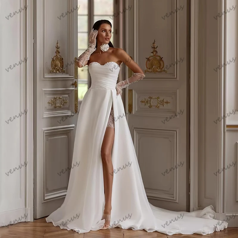 

Elegant Wedding Dresses Satin Bridal Gowns Sweetheart Backless Robes A Line Sexy High Slit Vestidos De Novia Customized 2025
