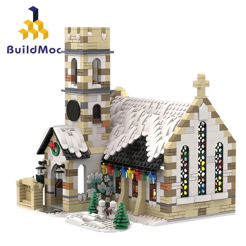 BuildMoc Santa Claus Winter Church Building Blocks Set Retro Architectural Country Village Brick Toy For Children Christmas Gift