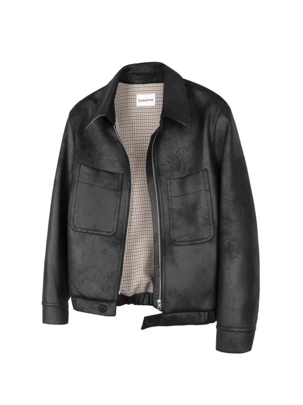 

American Retro Cra Plaid Inner PU Leather Jaet Men's High-End ort Loose Leather Coat Trendy Youth Casual Sle