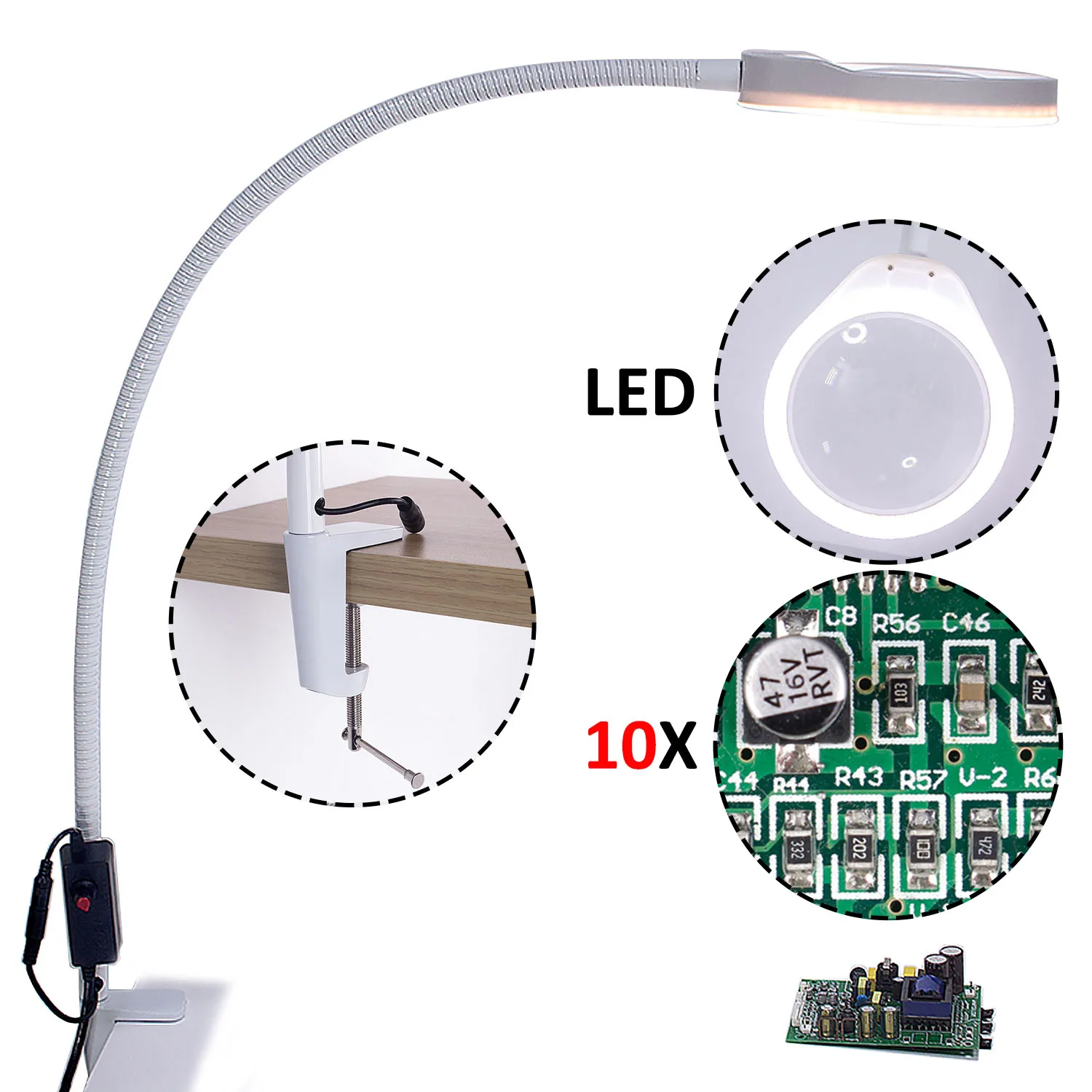 

Magnifying Glass Desk Clip-on Magnifying Glass Lamp Lighted Illuminated 10X Optical Magnifier Top Dimmable LED Lamp