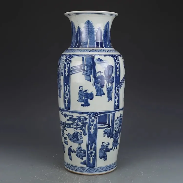 Qing Dynasty Qianlong Qing Kangxi blue and white porcelain with windowed figures of Guanyin bottley,Hand painting, free shipping