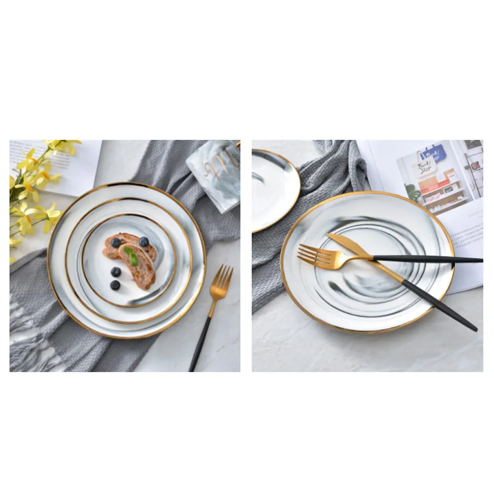 6 Inch Marble Pattern Gold Edge Ceramic Dish Plate Phnom Penh Inspired Dessert Tray Serving Western Food Fruit Vegetables