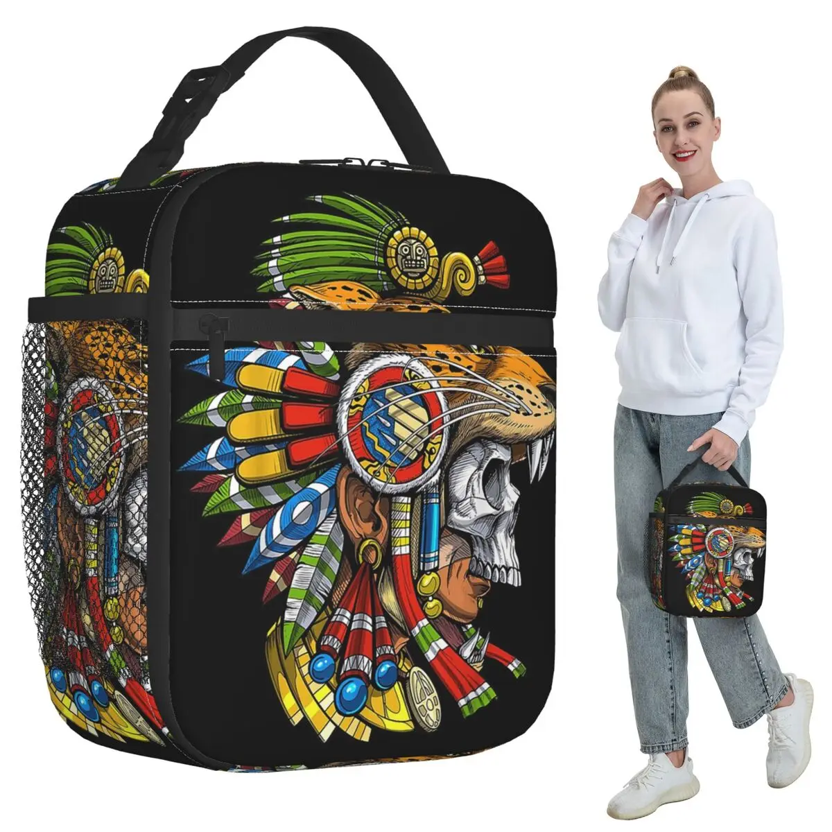Bolsa térmica para el almuerzo con diseño de máscara de guerrero jaguar y calavera azteca, mitología maya, para mujer, para oficina, caja térmica para alimentos, bolsas para el almuerzo