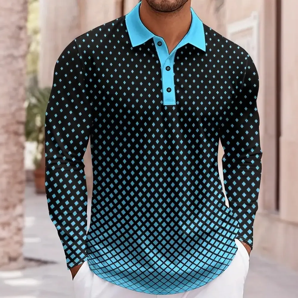 2025 Fall Men's Geometic Print Business Polo Long Sleeve Polo Shirts Athleisure Daily Wear 3D Prints Breathable Buttons Tops