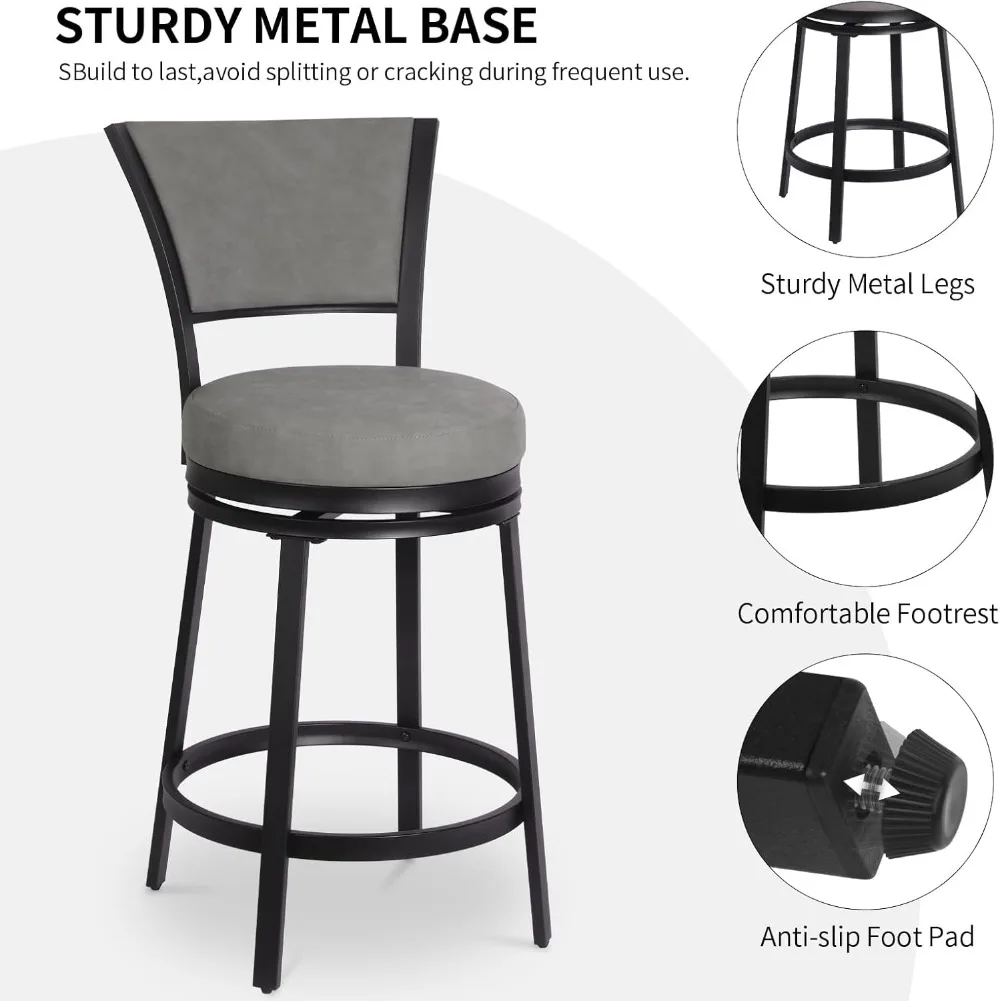 Rodada giratória Bar Stools para Kitchen Island, estofados de metal Barstools, Counter Height, 25 ", Conjunto de 2