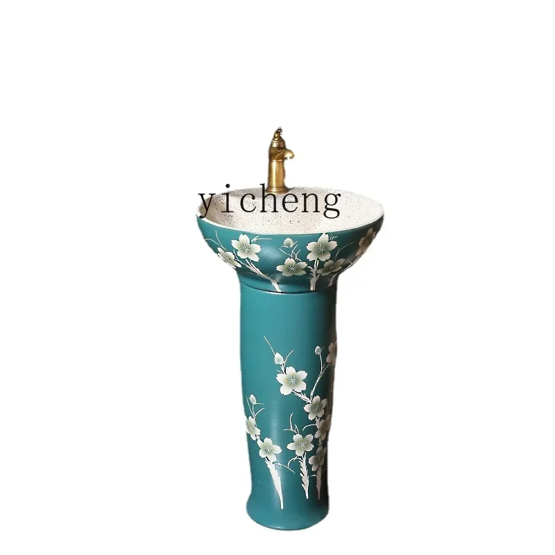 Retro Chinese Art Pedestal Basin Ceramic Washbasin Floor Style