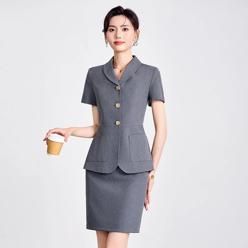 NAVIU ฤดูร้อนใหม่ Professional สีเทาชุดใหม่อารมณ์สง่างามธุรกิจ Slim Blazer และกระโปรงสํานักงานสุภาพสตรีชุดทํางานสีดํา