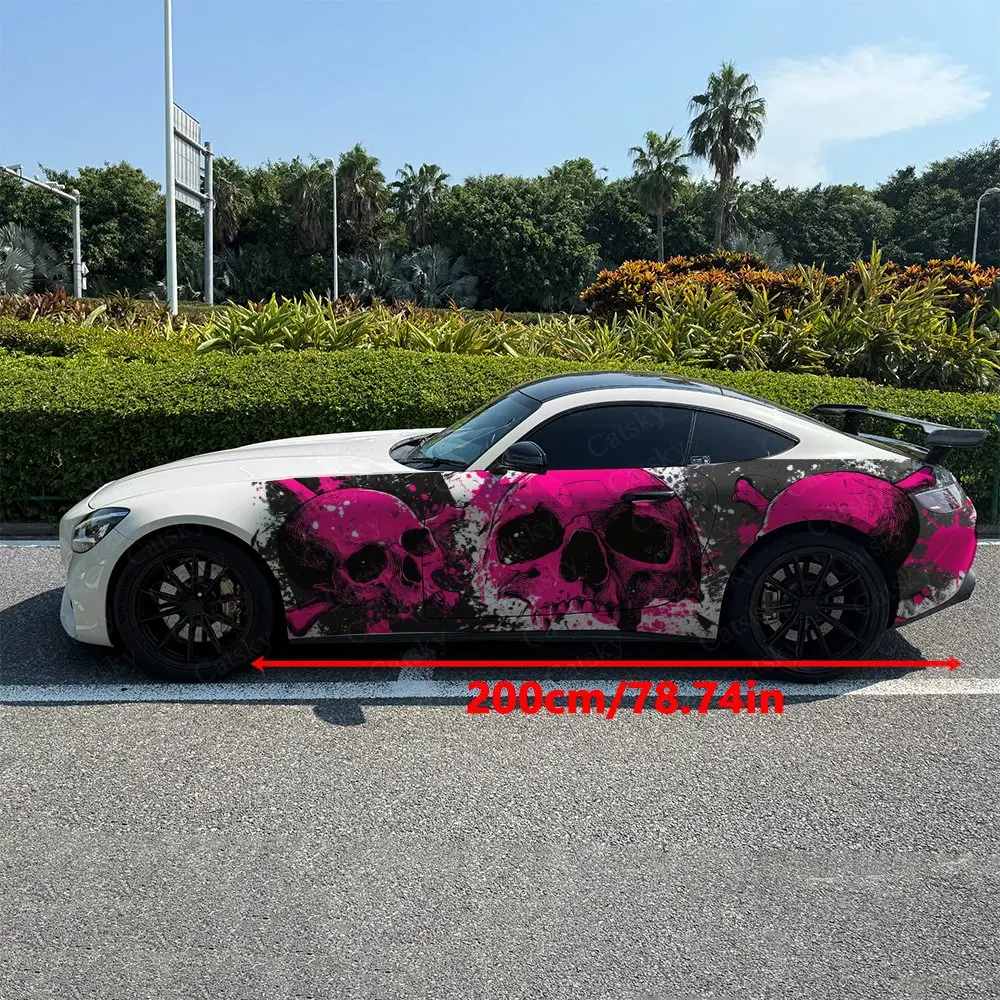 2pcs Pink Splatter Skull Car Side Wraps, Self-Adhesive PVC Waterproof & Scratch-Resistant Stickers, Car Accessory Gift