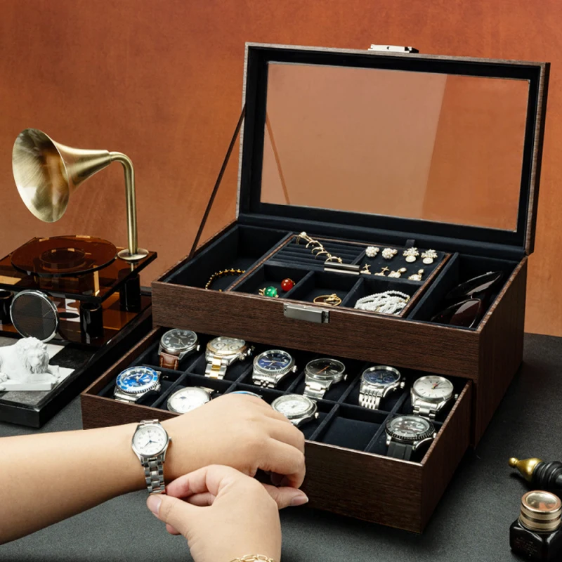 New Watch Box 2-Tier Watch Case Jewelry Organizer Box Thick Glass Lid Lockable Watch Organizer Jewelry Display Holder SungLass