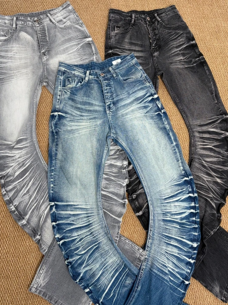 American Vintage Distressed Washed Pleated Full Length Jeans Women Streetwear Bodycon Pants Y2k Retro Fit 2000s Hot Girl