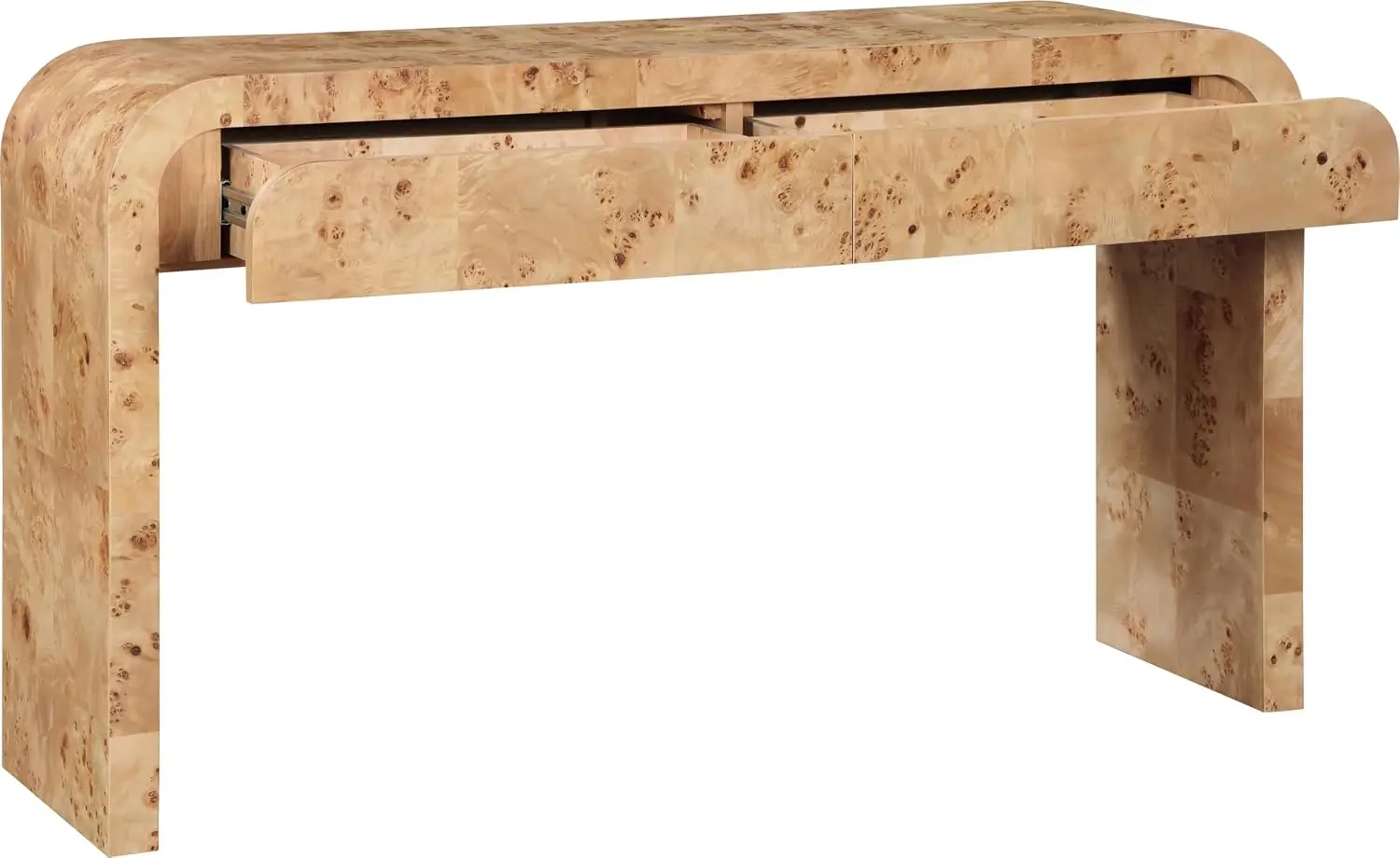 269-S Cresthill Collection Mid-Century Modern Console Table with Ash Burl Wood, Natural Ash Finish, Curved Art Deco Design, 54