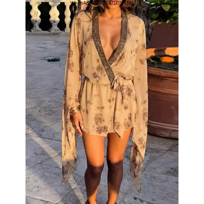 Women Flared Sleeve Floral Print Mini Dress Low Neck Sequins Patchwork Ruched High Street Elegant Bodycon Autumn Dress