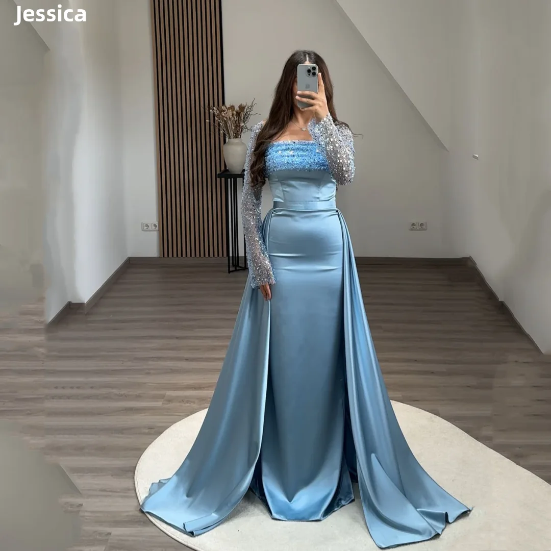 Jessica-Robe de mariée bleue claire pour dames, brodée, paillettes scintillantes, robes de Rharabes, sirène élégante, personnalisée